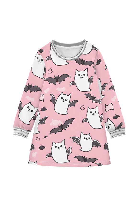 Cute Cat Bat Pattern Girls'long-sleeved dress Thickened A-dress Warm Dress Basic Shirt Party Dresses