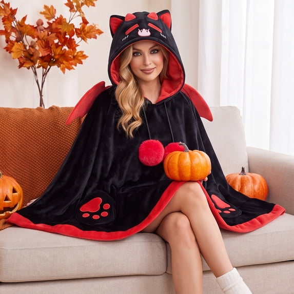 Cute Cat Bat Wearable Fleece Blanket Hoodie Cape with Red Wings and Paws for Women Comfortable Home Wear
