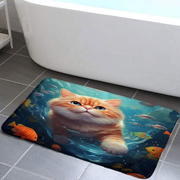 Cute Cat Bath Mat for Kids Bathroom, Orange Fat Kitty Swimming and Fish in Sea Bath Kitchen Door Mat Rug Microfiber Memory Foam Rug 16"x24"