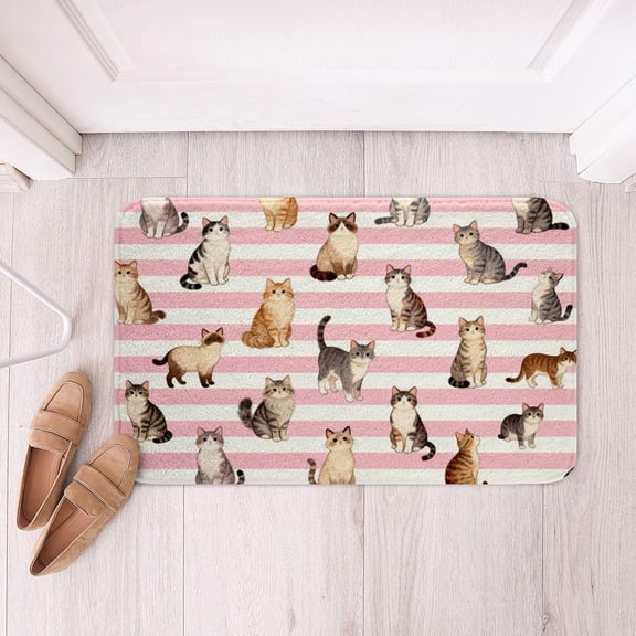 Cute Cat Bathroom Rugs Pink Stripe Soft Fleece Door Carpet Cat Lover's Gift Non Slip Bath Mat Animal Theme Bathroom Floor Indoor Doormat,16x24 Inch