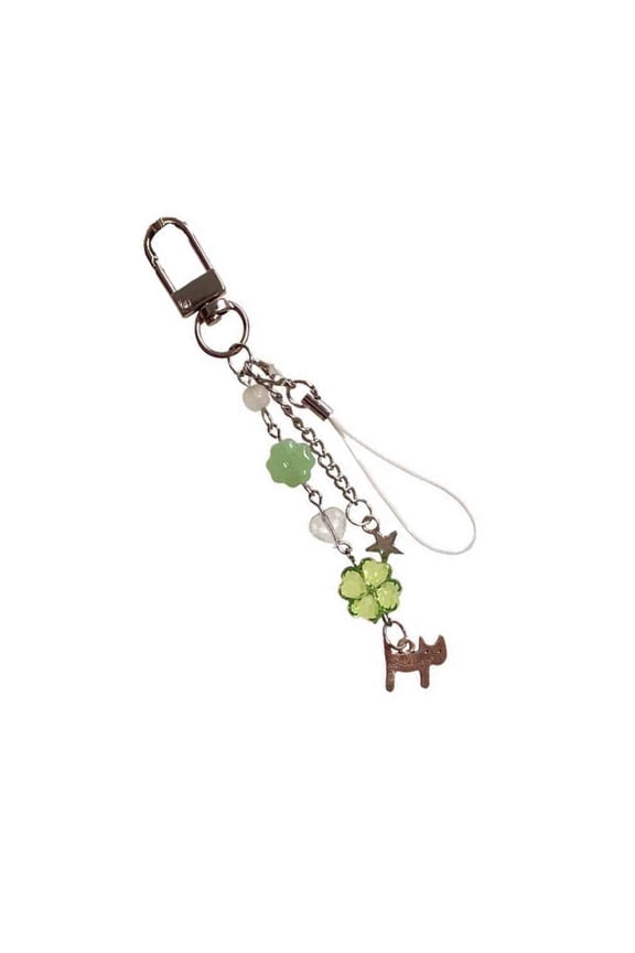 Cute Cat Beaded Charm Handmade Four Leaf Clovers Pendant for Bags and Phones