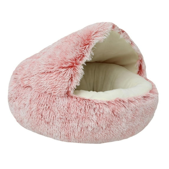 Cute Cat Bed Dog Hut Slip Soft Winter Warm Sleeping nest with Ball Hanging pink