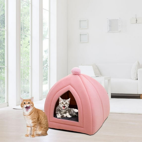 Cute Cat Bed Kennel Dog House Warm Sleeping Cushion Winter Velvet Sofa Semi Closed Nest Comfortable Kitten Cave Tent for Indoor Outdoor , pink