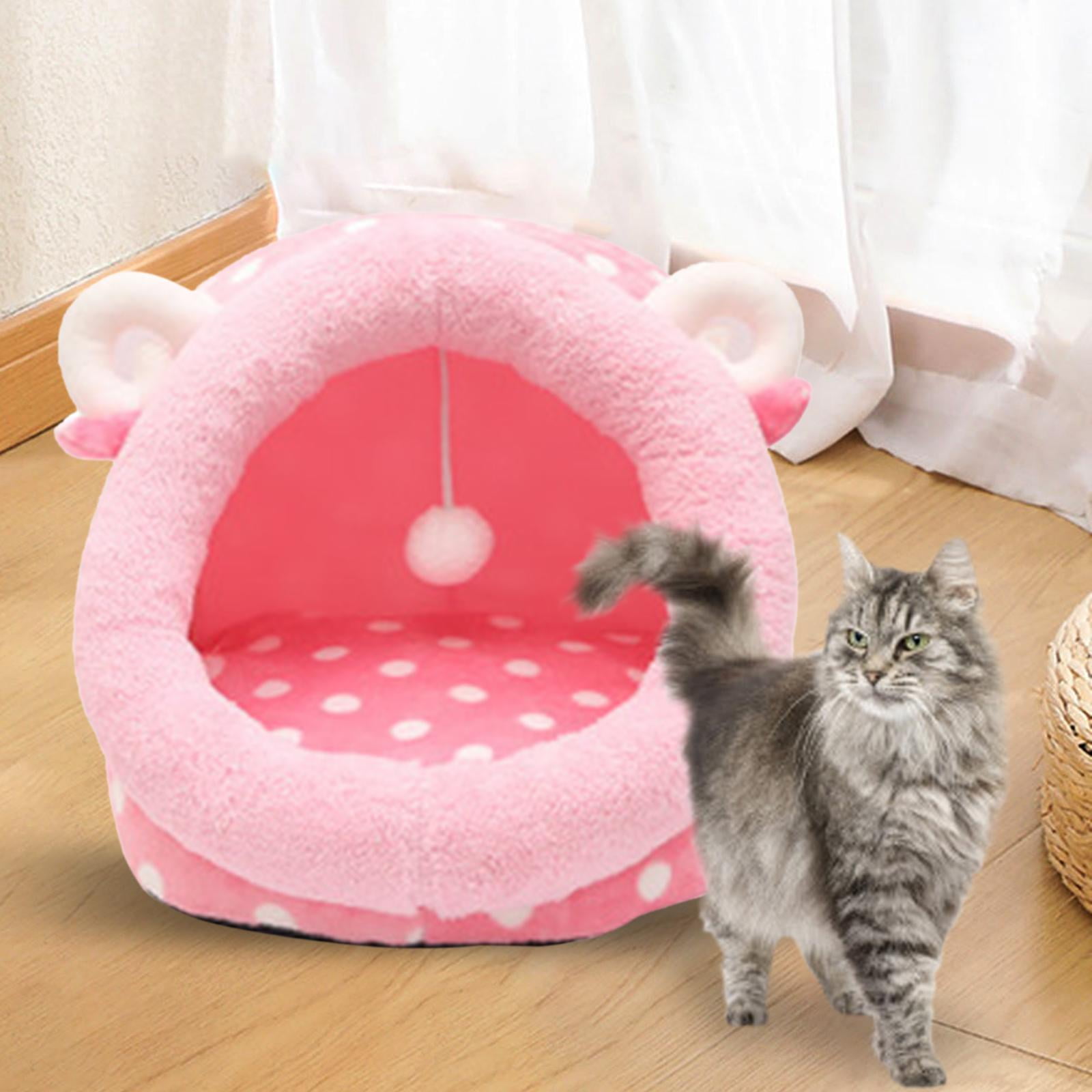 Strawberry Cat Cave Bed - Soft, Foldable Pet House With Cushion (Medium, Purple)