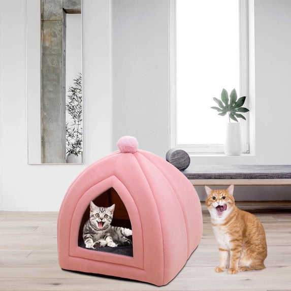 Cute Cat Bed Pet Tent with Removable Washable Cushion Semi Closed Winter Pink L