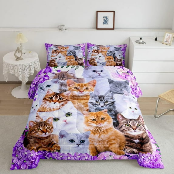 Cute Cat Bedding Comforter Set Pet Cats Kawaii Bedding Set Lovers Cat Purple Comforter Feline Animal Lovely Decor Warmth Quilt Set