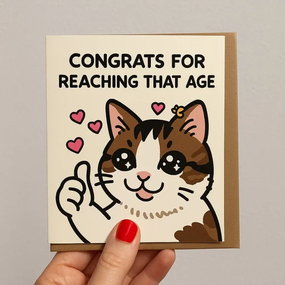 Cute Cat Birthday Card Congrats for Reaching That Age Fun Design with Hearts Blank Inside for Personalization Perfect Greeting Card for Friends and Family