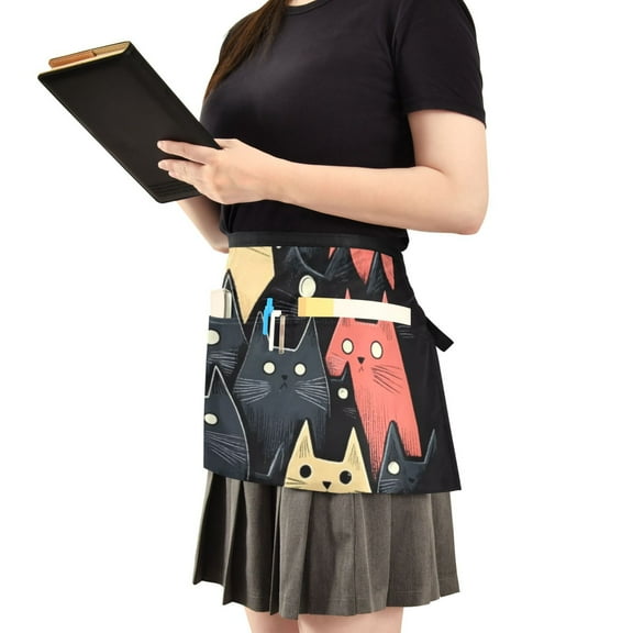 Cute Cat Black Background Server Apron with 3 Pockets Waist Apron for Waiter Waitress