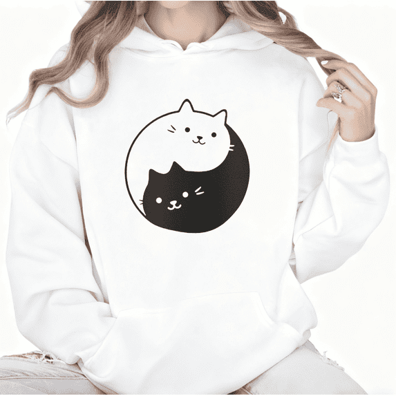 Cute Cat Black and White Graphic Cotton Tee T-Shirt Top Print Hooded long-sleeved White S-2XL
