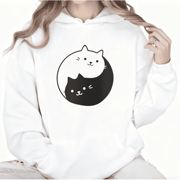 Cute Cat Black and White Graphic Cotton Tee T-Shirt Top Print Hooded long-sleeved White S-2XL
