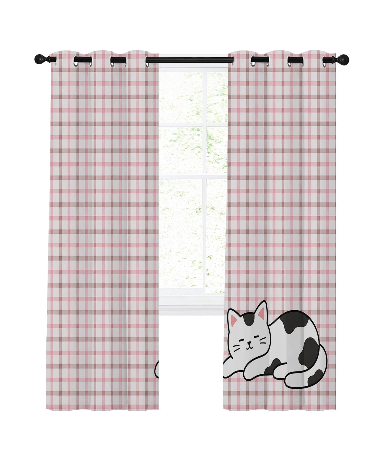 Cute Cat Blackout Curtains 54 Inches Length, Pink Brown Checked Modern ...