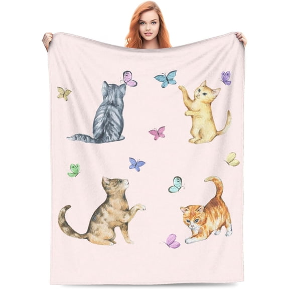 Cute Cat Blanket Animals Pet Pattern Gifts for Kitten Lovers Play with Butterfly for Adult Kids Soft Lightweight 50" x 60" Bedroom Birthday Decorations Cat Decor Travel All Season Pink Animal