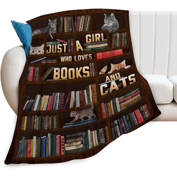 Cute Cat Blanket Cat Book Throw Blanket Girl Loves Cat Book Soft Warm Blanket Funny Blankets Flannel Fleece Blankets for Sofa Couch Bed Travel Gift for Kids Adults 50"x40"
