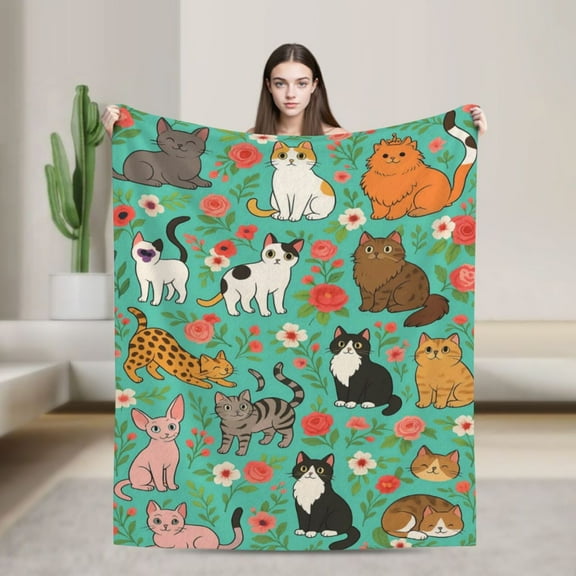 Cute Cat Blanket Kawaii Flannel Throw Blanket for Cat Lovers Kids Adults Gifts All Season 50x40