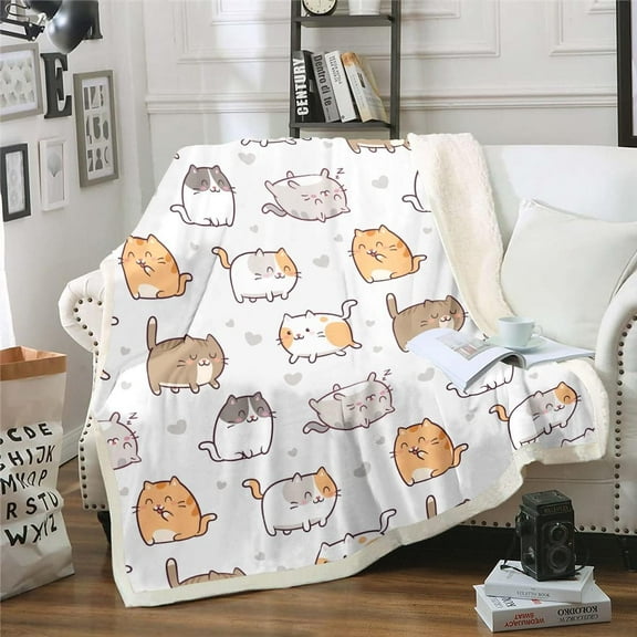 Cute Cat Blanket Kawaii Kitten Throw Blanket for Bed for Kids Toddler, Cartoon Animal Fleece Blanket Baby Size Pet Theme Sherpa Blanket, Lovely Love Heart Print Fuzzy Blanket,Light Gray
