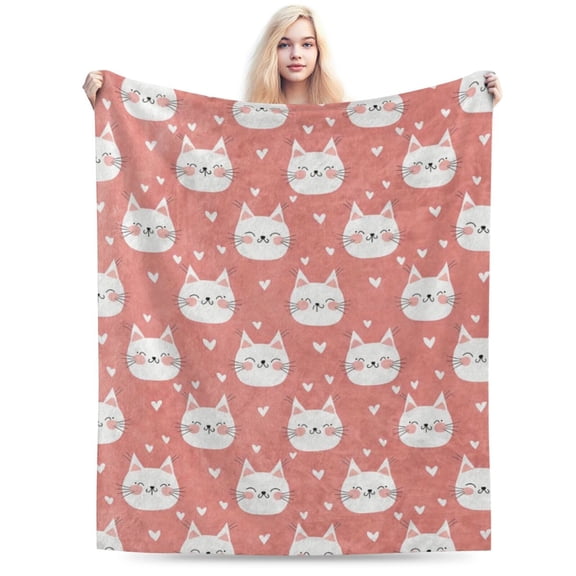 Cute Cat Blanket Soft Flannel Adorable Kitty Faces and Hearts Throw Blanket 50x40
