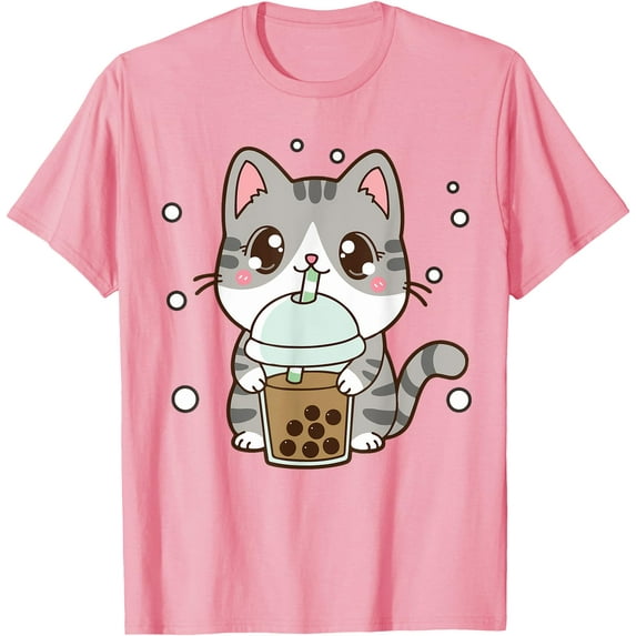 Cute Cat Boba Tea Teen Japanese Anime Graphic Unisex T-Shirt for Men Women Kids Toddler,Light Pink Color,Size YM