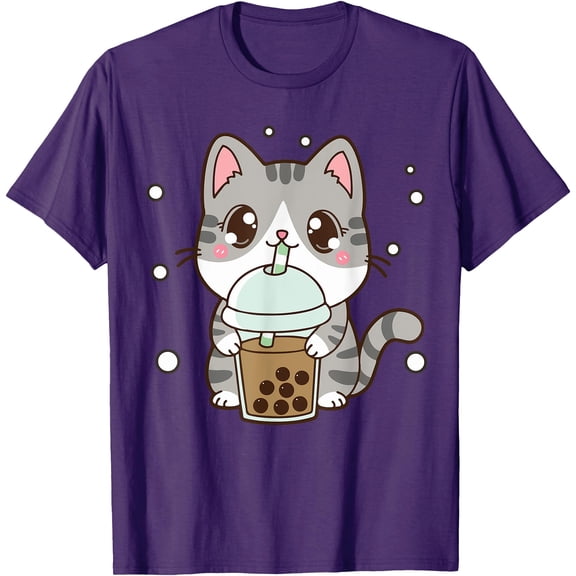 Cute Cat Boba Tea Teen Japanese Anime Graphic Unisex T-Shirt for Men Women Kids Toddler,Purple Color,Size 2XL