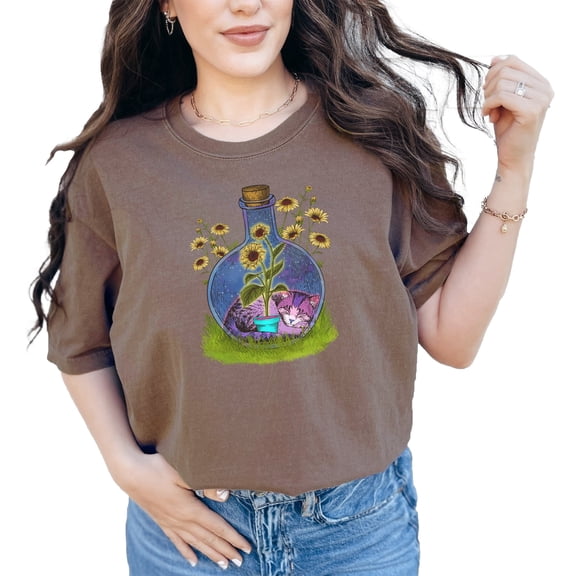 Cute Cat in Bottle with Sunflowers Graphic Tee, Cat Lover Gifts, Unique T-Shirt Design, Floral Print Shirt, Nature Inspired Tee, Espresso Comfort Colors T-Shirt, Medium