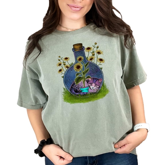 Cute Cat in Bottle with Sunflowers Graphic Tee, Cat Lover Gifts, Unique T-Shirt Design, Floral Print Shirt, Nature Inspired Tee, Moss Comfort Colors T-Shirt, XL