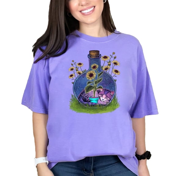 Cute Cat in Bottle with Sunflowers Graphic Tee, Cat Lover Gifts, Unique T-Shirt Design, Floral Print Shirt, Nature Inspired Tee, Violet Comfort Colors T-Shirt, Large