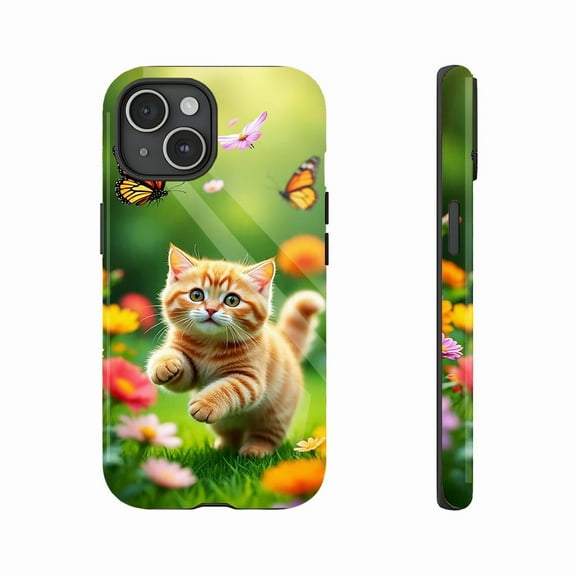 Cute Cat & Butterfly Floral iPhone Case Compatible with All iPhone 11 - 16 Models (Pro Max/Plus) | For Cat Lovers & Spring Vibes