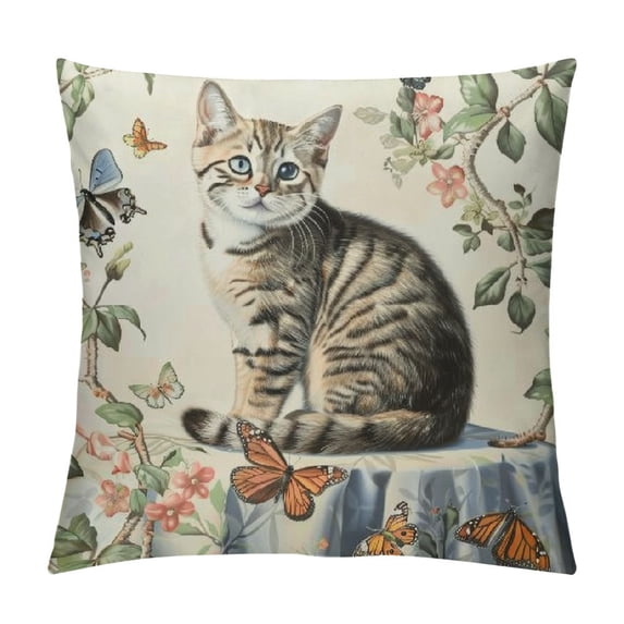 Cute Cat Butterfly Pillow Covers Lovely Cartoon Pattern Beige Background Throw Pillowcase for Home Decor