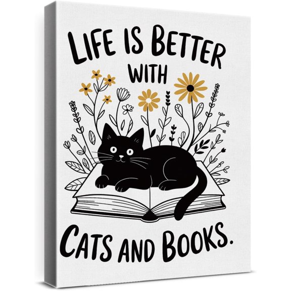 Cute Cat Canvas Wall Art Black Kitten Print Poster Framed Painting Gifts for Cat Lover Home Living Room Bedroom Wall Decor