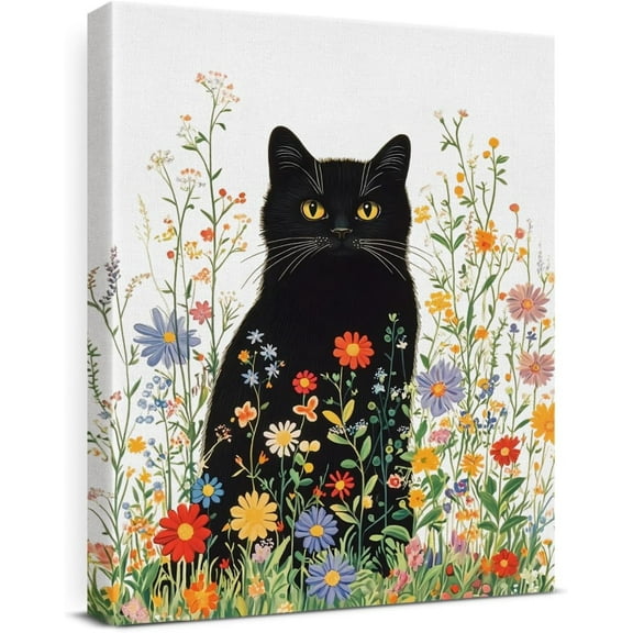 Cute Cat Canvas Wall Art Black Kitten Print Poster Framed Painting Gifts for Cat Lover Home Living Room Bedroom Wall Decor