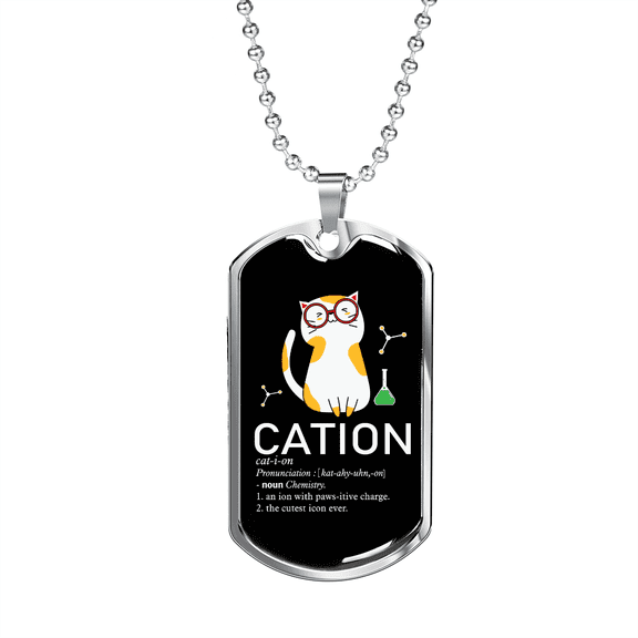 Cute Cat Caption Dog Tag Necklace Stainless Steel 24" Chain Silver Tone or Gold Tone