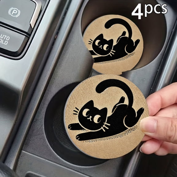 Cute Cat Car Coasters for Cup Holders, 2.75" Universal Size Anti Slip Rubber Mat Neoprene Round Car Accessories, 4 pack
