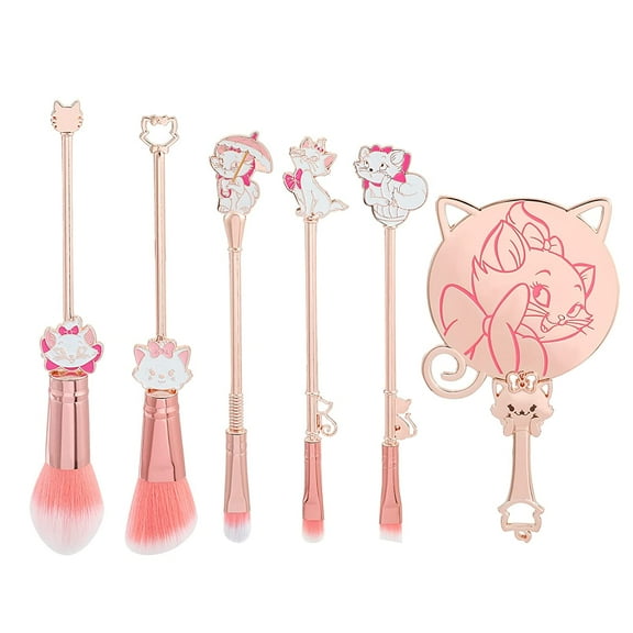 Cute Cat Cartoon Makeup Brushes - 5pcs Marie Designed Soft Pink Makeup Brushes Set and Hand Mirror Pink Drawstring Bag Included for Girls and Women