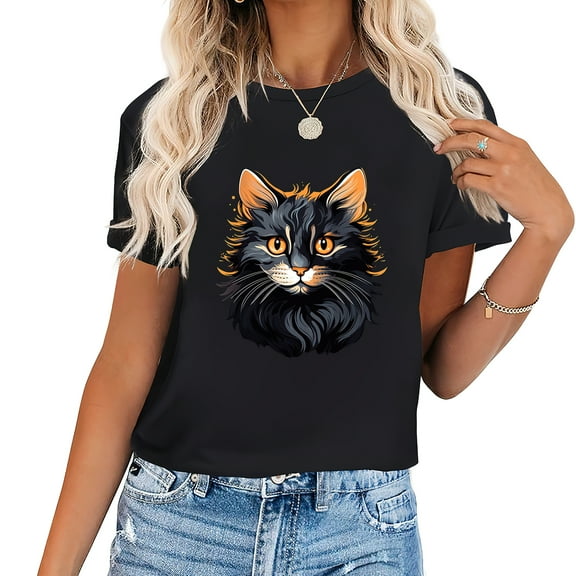 Cute Cat Cartoon Vintage Printed T-Shirt for Women Perfect Birthday Gift Black