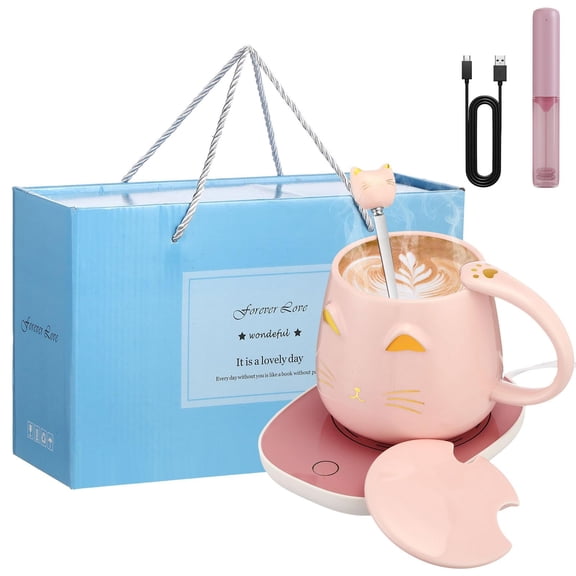 Pink Beverage Warmers 7 Count - Ceramic Coffee Mug Warmer Set with Electric Milk Frother, Smart Beverage Heater