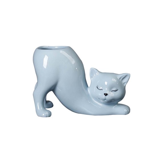Cute Cat Ceramic Flower Pots with Drainage Hole, Cartoon Cat Pots for Succulents, Decorative Pots for for Indoor Outdoor Home Decor(Blue,14.5X9.8X7.5CM)