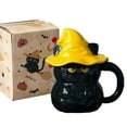 thumbnail image 1 of Cute Cat Ceramic Mug with Lid | Halloween Kitty Themed Drinkware | 5.9x2.8xin Cute Feline Coffee Cup | Microwave Halloween Gift | Mystical Cat Lover's Mug(Black), 1 of 7