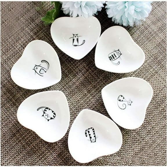 Cute Cat Ceramic Side Sauce Dishes Mini Heart shape Seasoning Dish, Sushi Soy Dipping Bowl,Serving Saucers Dishe,Meow Porcelain Small Tea Bag Holder Set of 6 (Cat)