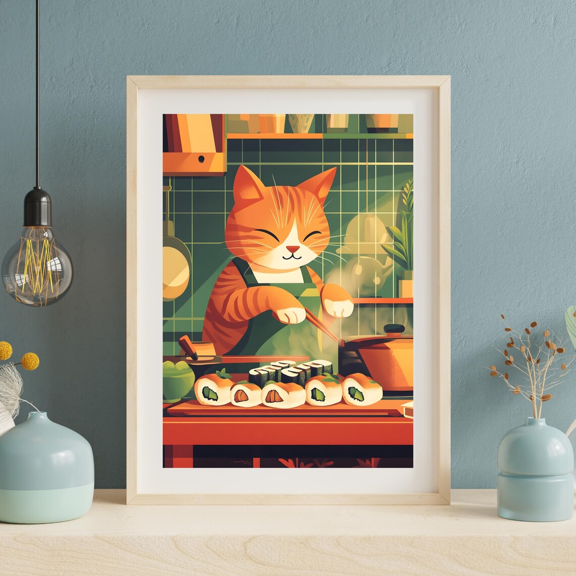 Cute Cat Chef Cooking Sushi Poster, Adorable Cat Sushijapanese Kitchen ...