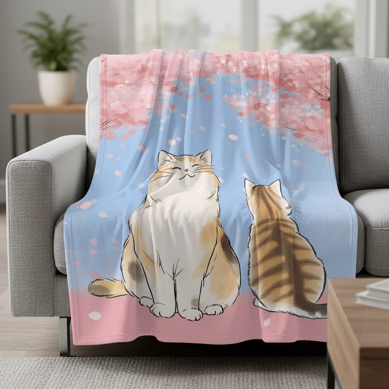 Cute Cat Cherry Blossoms Fleece Throw Blanket Pink Floral Spring ...