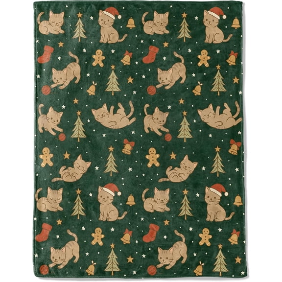 Cute Cat Christmas Decorative Blanket, Kitten Gingerbread Tree Bell Print Decoration, Soft Flannel Winter Blankets for Couch Bed Sofa, Holiday Home Decor, Xmas Festival Gifts 60x80 Inch