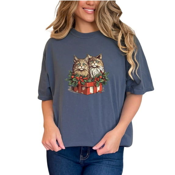 Cute Cat Christmas Gift T-Shirt, Festive Kitten Tee, Holiday Cat Lover Shirt, Adorable Cat Gift, Christmas Present Tee, Denim Comfort Colors T-Shirt, Small