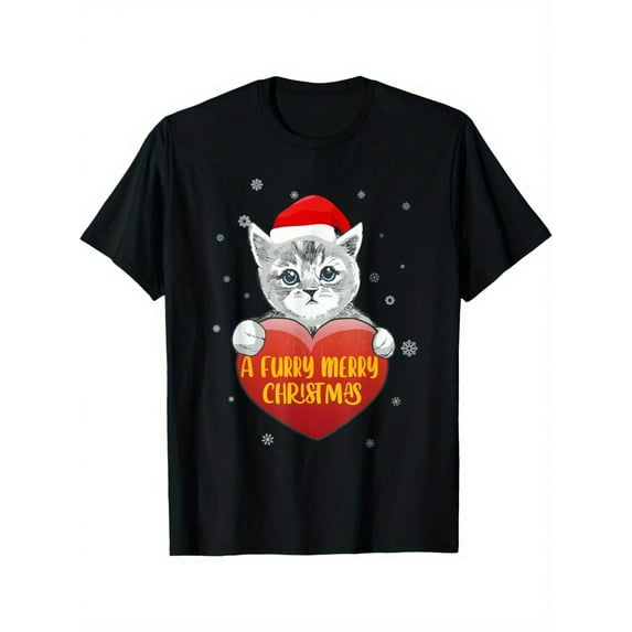 Cute Cat Christmas T-Shirt for Women - Soft Cotton, Crew Neck, Short Sleeve, Casual Fit - Perfect for Spring/Summer/Fall Casual Digital Print 220g Pure Heavy 100% Cotton T Shirt 100% Cotton