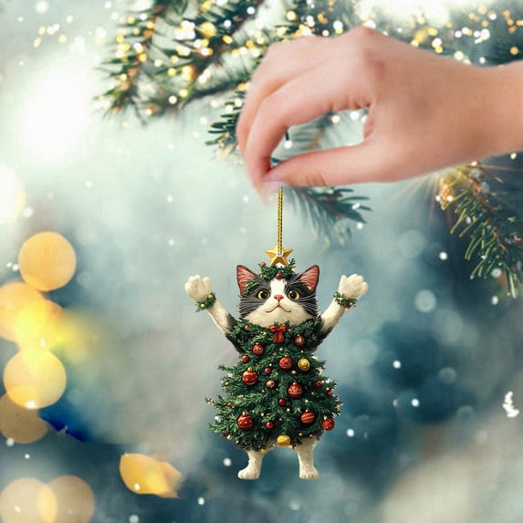Cute Cat Christmas Tree Shape Acrylic Hanging Ornament, Double-Sided Printed Festive Kitty Pendant With Lanyard, Lovely Holiday Decor for Car Rearview Mirror, Backpack Handbag Charms 1Pcs