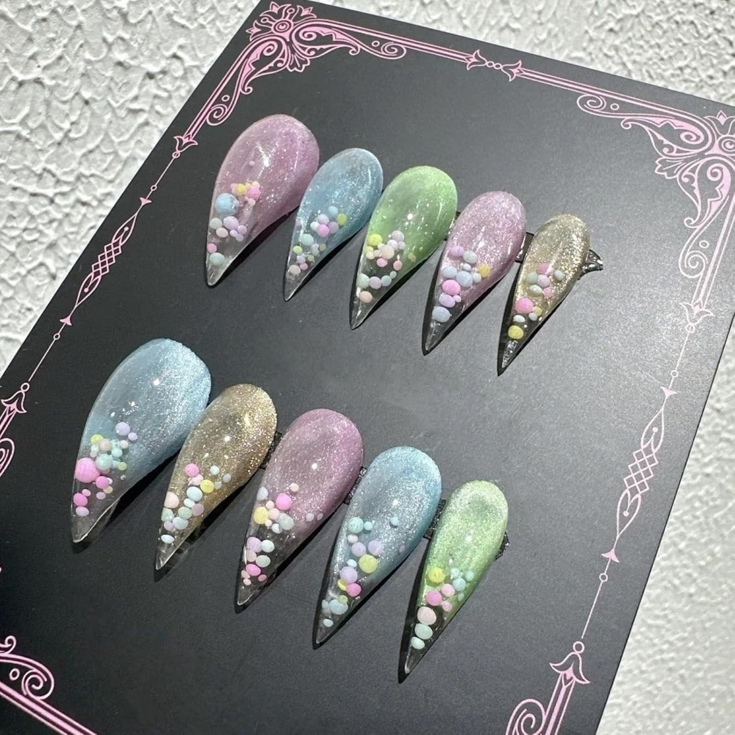 Cute Cat Claw Press on Nails Short Stiletto Colorful Cat Eye Pattern with Round Balls Handmade Reusable Thick Acrylic Cat Dragon Eagle Claw False Nail Glossy Glue on Nail