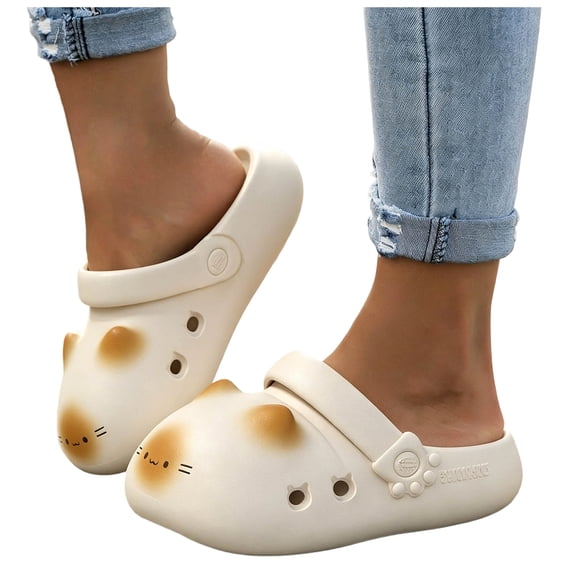 Cute Cat Clogs for Women Lightweight Hollow Out Platform Sandals Close Toe Non Slip Mules Two Way Wear Casual Slides Beige Size 8