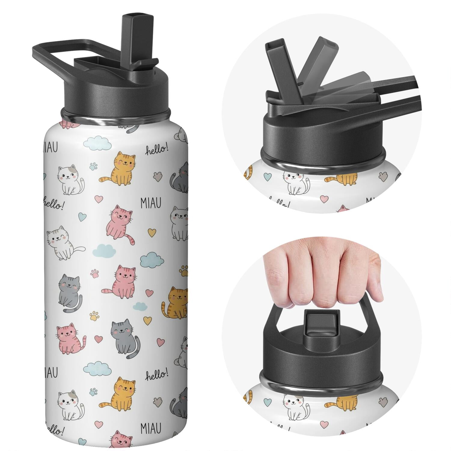 Cute Container House Cute Cat and Cloud White Pattern Insulated Water Bottle with Straw ...