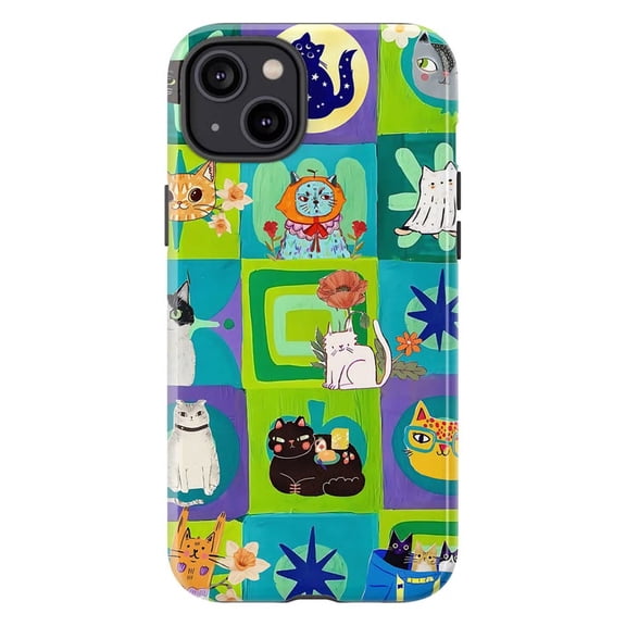 Cute Cat Collage Phone Case, Green Purple Checkerboard Whimsical Kitten Art Eclectic Maximalist Cover for iPhone 17 16 15 14 13 12 11 Plus Pro Max Mini