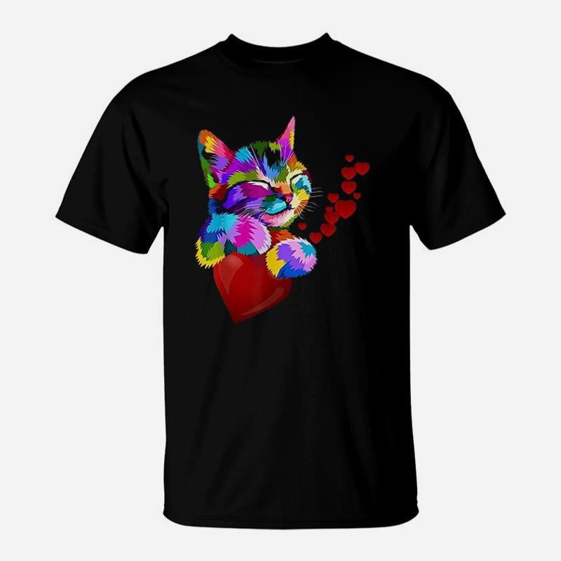 Cute Cat Colorful Funny Valentines Day Hearts Kids TShirt - Walmart.com