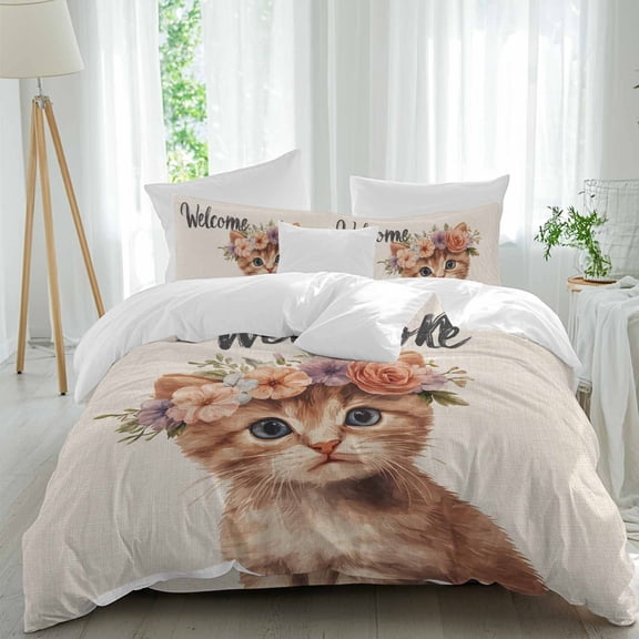 Cute Cat Comforter Set Queen Size, Garland Welcome Retro Soft Bedding Set for Man Woman, 4 Pieces Duvet Cover Set with Fitted Sheet, 2 Pillowcases