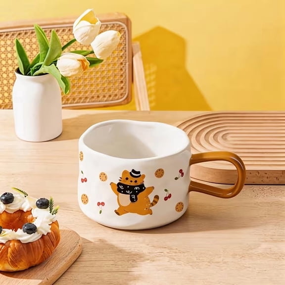 Cute Cat & Cookie Print Ceramic Mug - 12.17oz Unique Porcelain Coffee Cup, Microwave Safe Gift for Cat Lovers